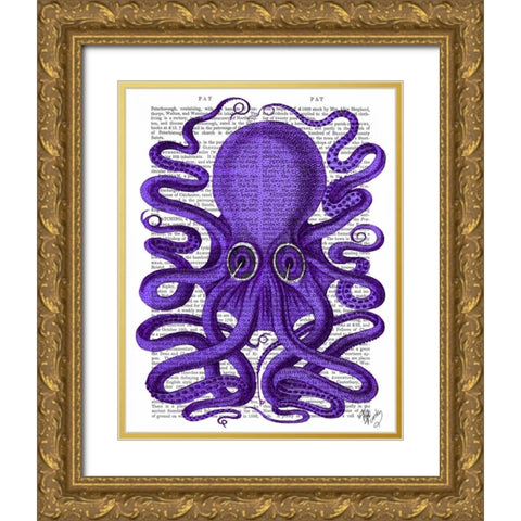 Purple Octopus Gold Ornate Wood Framed Art Print with Double Matting by Fab Funky