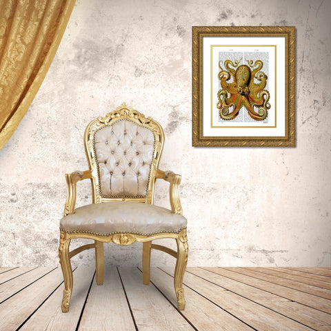 Vintage Yellow Octopus Front Gold Ornate Wood Framed Art Print with Double Matting by Fab Funky