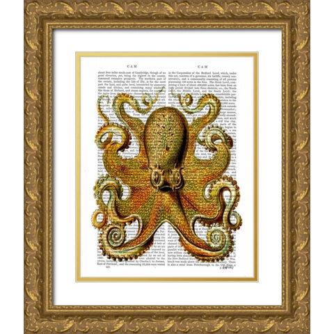 Vintage Yellow Octopus Front Gold Ornate Wood Framed Art Print with Double Matting by Fab Funky