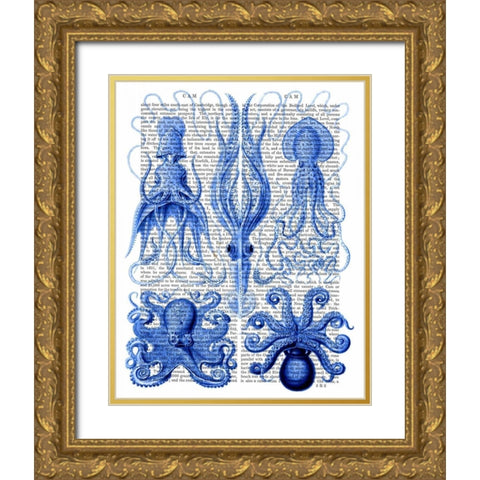 Octopus and Squid Blue Gold Ornate Wood Framed Art Print with Double Matting by Fab Funky