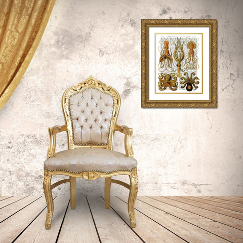 Octopus and squid Gold Ornate Wood Framed Art Print with Double Matting by Fab Funky