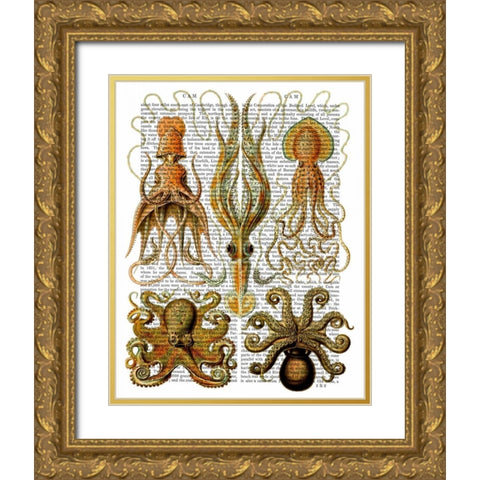 Octopus and squid Gold Ornate Wood Framed Art Print with Double Matting by Fab Funky