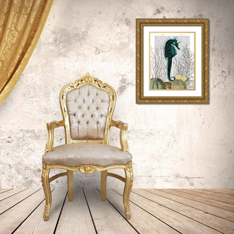 SeaHorse and Sea Urchins Gold Ornate Wood Framed Art Print with Double Matting by Fab Funky