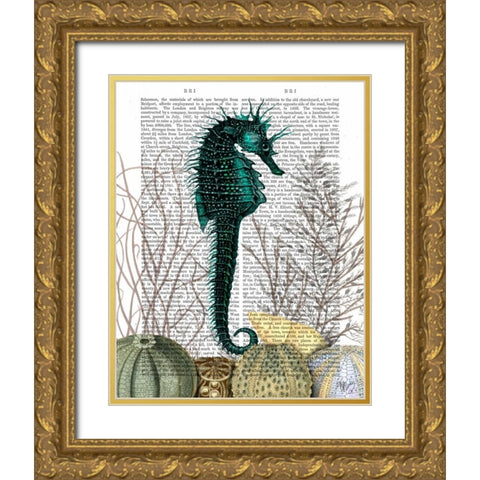 SeaHorse and Sea Urchins Gold Ornate Wood Framed Art Print with Double Matting by Fab Funky