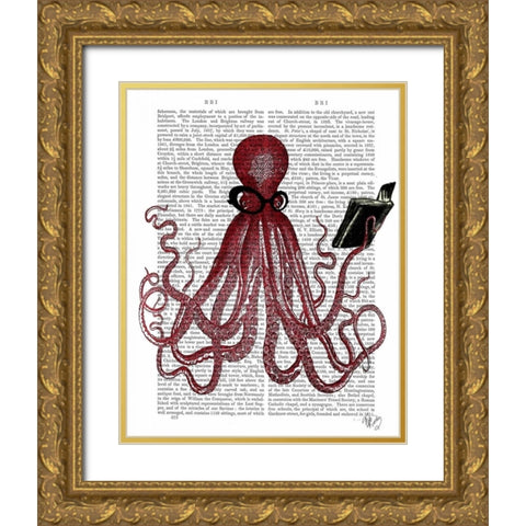 Intelligent Octopus Gold Ornate Wood Framed Art Print with Double Matting by Fab Funky