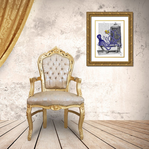 Octopus in Bath Gold Ornate Wood Framed Art Print with Double Matting by Fab Funky