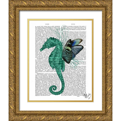 Winged Seahorse Gold Ornate Wood Framed Art Print with Double Matting by Fab Funky