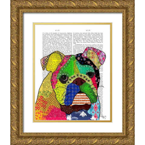 Patchwork Bulldog Gold Ornate Wood Framed Art Print with Double Matting by Fab Funky