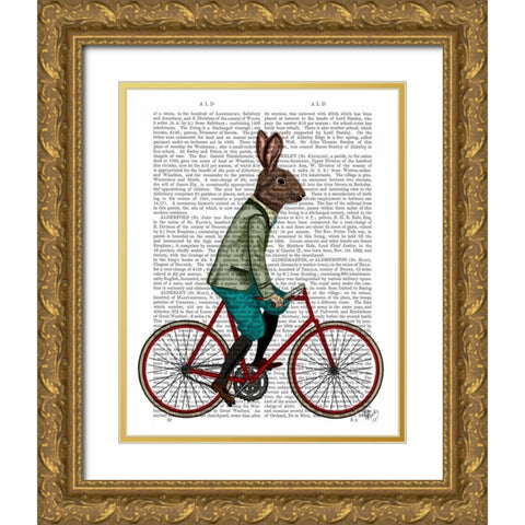 Rabbit On Bike Gold Ornate Wood Framed Art Print with Double Matting by Fab Funky