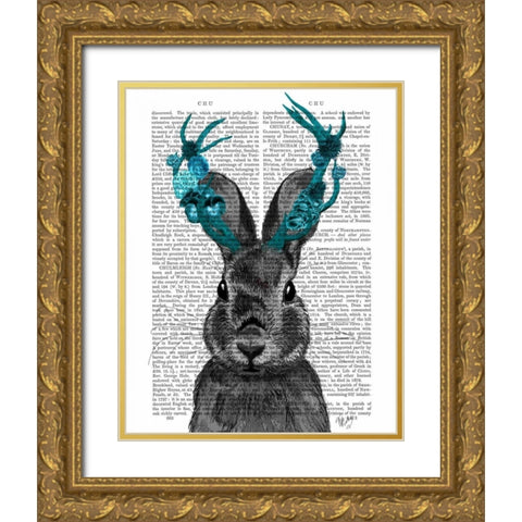 Jackalope with Turquoise Antlers Gold Ornate Wood Framed Art Print with Double Matting by Fab Funky