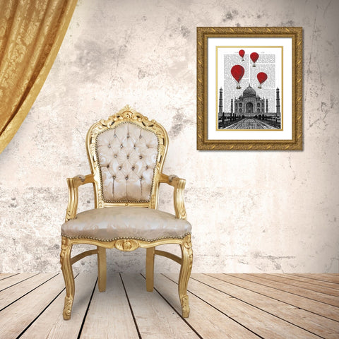 Taj Mahal and Red Hot Air Balloons Gold Ornate Wood Framed Art Print with Double Matting by Fab Funky