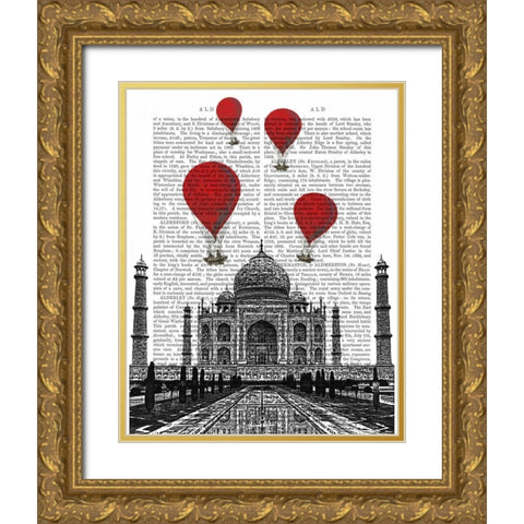 Taj Mahal and Red Hot Air Balloons Gold Ornate Wood Framed Art Print with Double Matting by Fab Funky