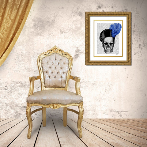 Skull with Blue Hat Gold Ornate Wood Framed Art Print with Double Matting by Fab Funky