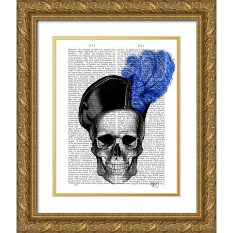 Skull with Blue Hat Gold Ornate Wood Framed Art Print with Double Matting by Fab Funky