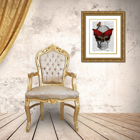 Pink Butterfly Mask Skull Gold Ornate Wood Framed Art Print with Double Matting by Fab Funky