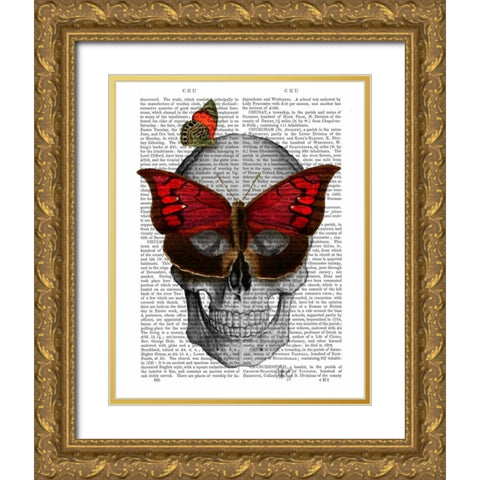 Pink Butterfly Mask Skull Gold Ornate Wood Framed Art Print with Double Matting by Fab Funky