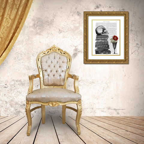 Skull And Books Gold Ornate Wood Framed Art Print with Double Matting by Fab Funky