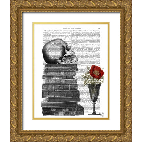 Skull And Books Gold Ornate Wood Framed Art Print with Double Matting by Fab Funky