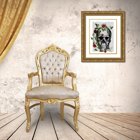 Skull Vines and Flowers Gold Ornate Wood Framed Art Print with Double Matting by Fab Funky