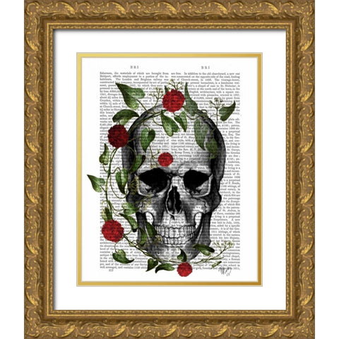 Skull Vines and Flowers Gold Ornate Wood Framed Art Print with Double Matting by Fab Funky