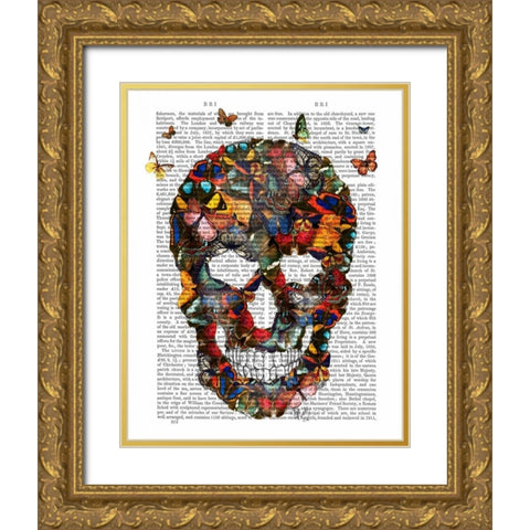 Butterfly Skull Gold Ornate Wood Framed Art Print with Double Matting by Fab Funky