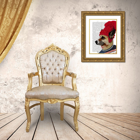 Dog in Ski Sweater Gold Ornate Wood Framed Art Print with Double Matting by Fab Funky