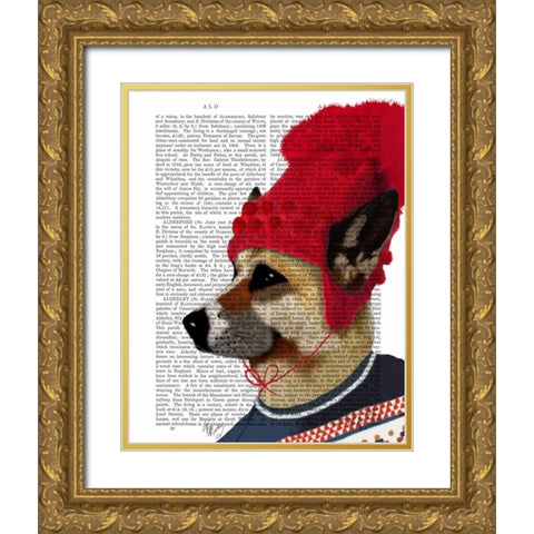 Dog in Ski Sweater Gold Ornate Wood Framed Art Print with Double Matting by Fab Funky