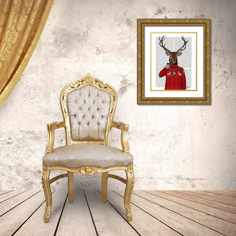 Deer in Ski Sweater Gold Ornate Wood Framed Art Print with Double Matting by Fab Funky