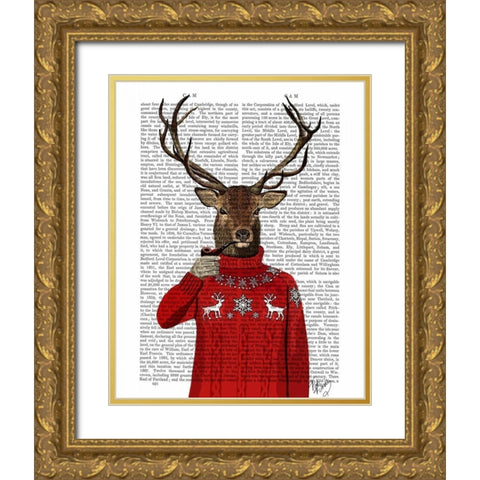 Deer in Ski Sweater Gold Ornate Wood Framed Art Print with Double Matting by Fab Funky