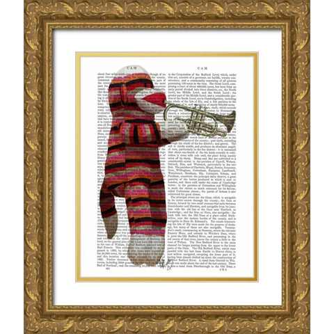 Sock Monkey Playing Trumpet Gold Ornate Wood Framed Art Print with Double Matting by Fab Funky