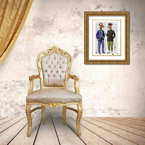 Golfing Giraffes Gold Ornate Wood Framed Art Print with Double Matting by Fab Funky