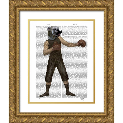 Boxing Bulldog Full Gold Ornate Wood Framed Art Print with Double Matting by Fab Funky