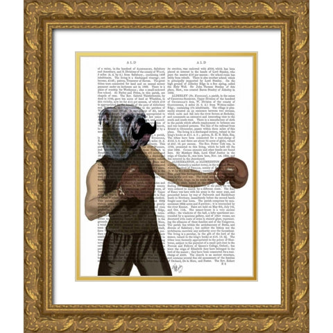 Boxing Bulldog Portrait Gold Ornate Wood Framed Art Print with Double Matting by Fab Funky