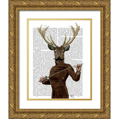 Fencing Deer Portrait Gold Ornate Wood Framed Art Print with Double Matting by Fab Funky