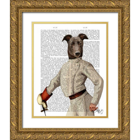 Greyhound Fencer in Cream Portrait Gold Ornate Wood Framed Art Print with Double Matting by Fab Funky
