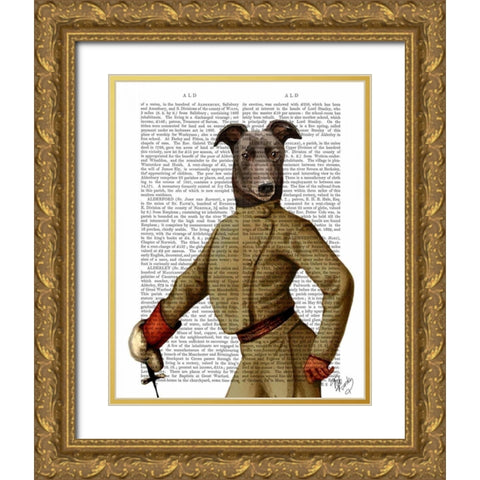 Greyhound Fencer Dark Portrait Gold Ornate Wood Framed Art Print with Double Matting by Fab Funky