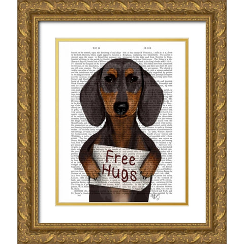 Dachshund Free Hugs Gold Ornate Wood Framed Art Print with Double Matting by Fab Funky