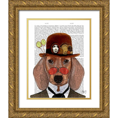 Dachshund with Steampunk Bowler Hat Gold Ornate Wood Framed Art Print with Double Matting by Fab Funky
