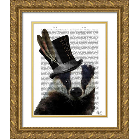 Steampunk Badger in Top Hat Gold Ornate Wood Framed Art Print with Double Matting by Fab Funky