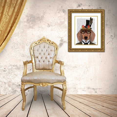 Dachshund with Top Hat and Goggles Gold Ornate Wood Framed Art Print with Double Matting by Fab Funky