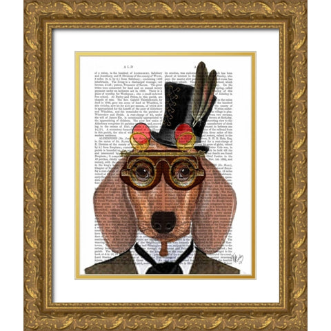 Dachshund with Top Hat and Goggles Gold Ornate Wood Framed Art Print with Double Matting by Fab Funky
