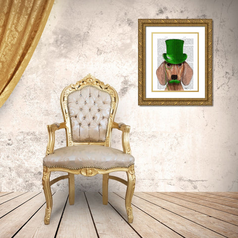 Dachshund With Green Top Hat and Moustache Gold Ornate Wood Framed Art Print with Double Matting by Fab Funky
