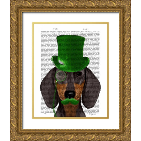 Dachshund with Green Top Hat Black Tan Gold Ornate Wood Framed Art Print with Double Matting by Fab Funky