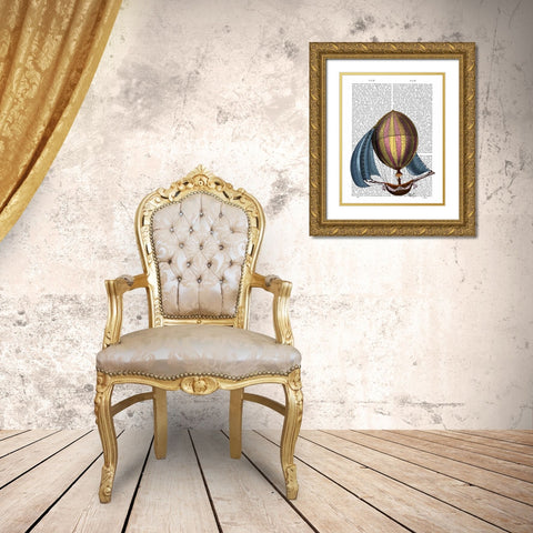 AirShip with Blue Sails Gold Ornate Wood Framed Art Print with Double Matting by Fab Funky