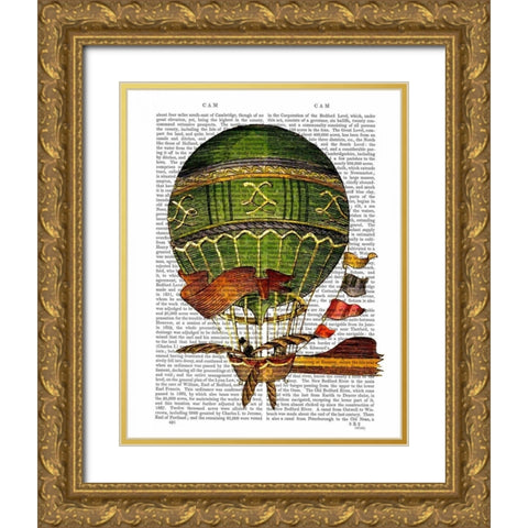Hot Air Balloon Green Gold Ornate Wood Framed Art Print with Double Matting by Fab Funky