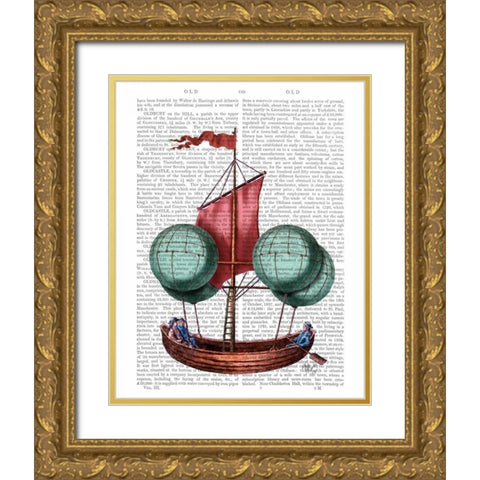 Hot Air Balloon Airship With Red Sail Gold Ornate Wood Framed Art Print with Double Matting by Fab Funky