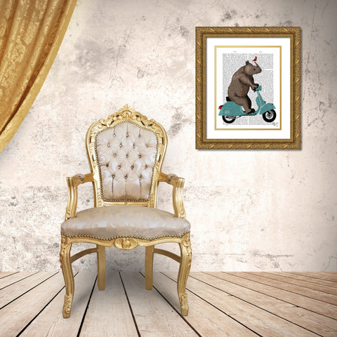 Rhino on Moped Gold Ornate Wood Framed Art Print with Double Matting by Fab Funky