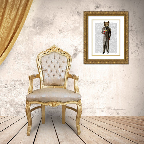 Bear with Cocktail Gold Ornate Wood Framed Art Print with Double Matting by Fab Funky
