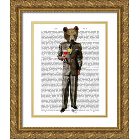 Bear with Cocktail Gold Ornate Wood Framed Art Print with Double Matting by Fab Funky