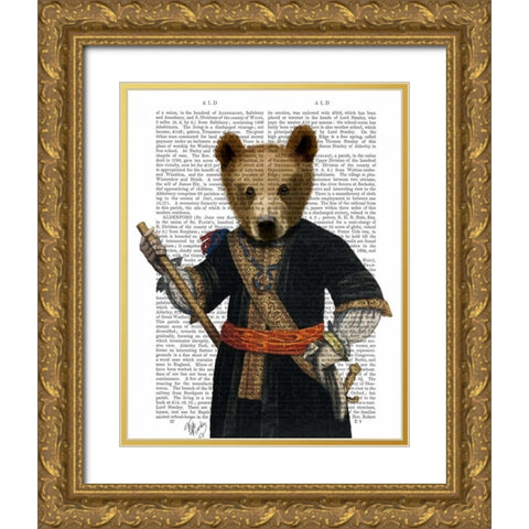 Bear in Blue Robes Gold Ornate Wood Framed Art Print with Double Matting by Fab Funky